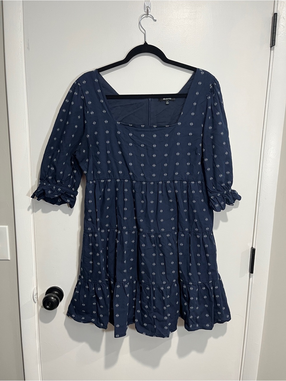 Madewell Navy Embroidered Tiered Mini Dress Square Neck Puff Sleeve 12